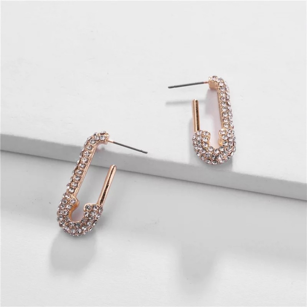 Micro pave safety pin gold dangle earring